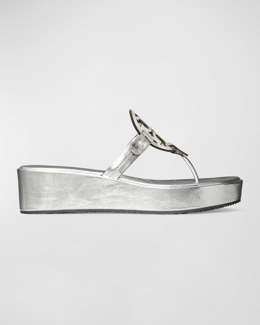 Tory Burch White Miller Metallic Logo Wedge Thong Sandals