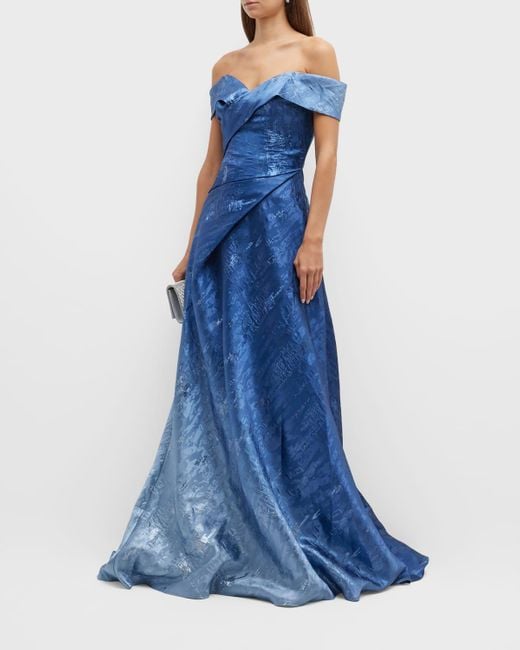 Rene Ruiz Collection Blue Off-shoulder Ombré Jacquard Gown