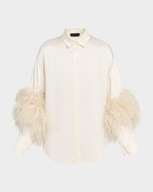 LAPOINTE Natural Satin Button-Down Blouse With Feather Trim