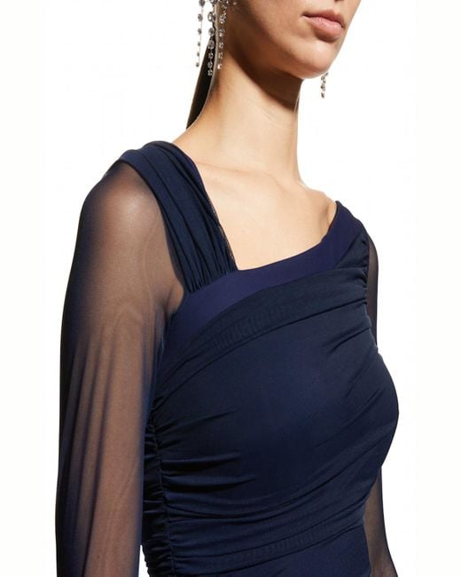 La Petite Robe Di Chiara Boni Blue Rippy Asymmetrical 3/-Sleeve Illusion Gown