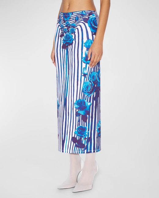 Jean Paul Gaultier Blue Flower Body Morphing Print Jersey Maxi Skirt