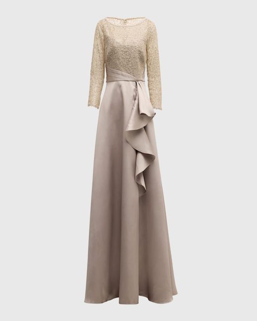 THEIA Natural Zola Ruffle A-Line Lace & Mikado Gown