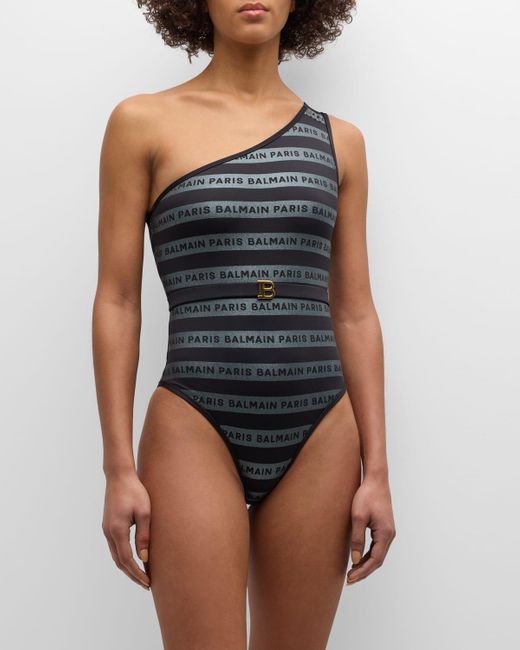 Balmain Blue Striped Logo One-Shoulder One-Piece Swimsuit