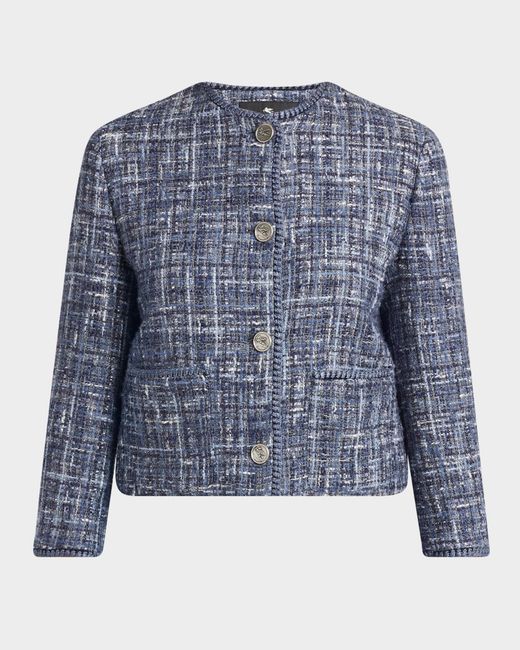 Etro Blue Single-Breasted Tweed Crop Jacket
