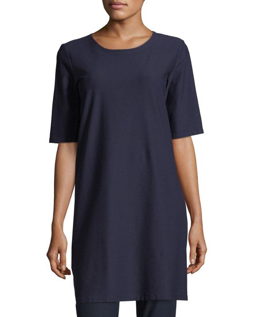Eileen Fisher Blue Plus Size Half-sleeve Crepe Shift Dress