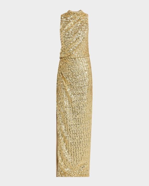 Balmain Metallic Draped Sequined Halter Column Gown