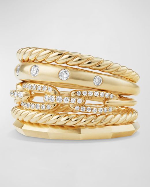 David Yurman Metallic Stax 18k Gold Wide Ring With Diamonds, Size 6