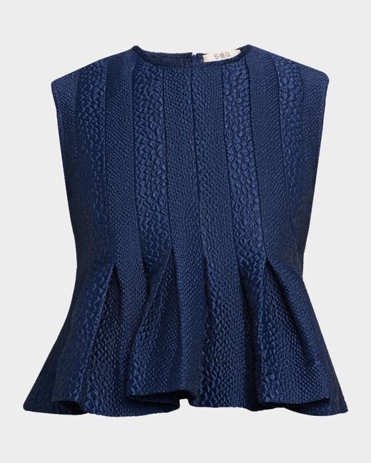 Sea Blue Fayetta Embossed Peplum Tank Top