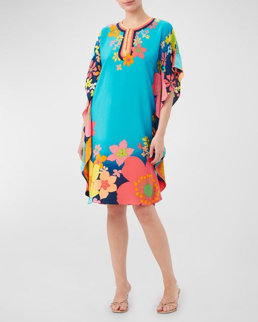 Trina Turk Blue Global 3 Floral-Print Keyhole Midi Dress