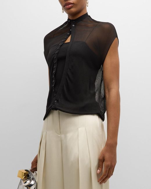 Jacquemus Black Capa Cutout Turtleneck Short-Sleeve Button-Front Sheer Knit Top