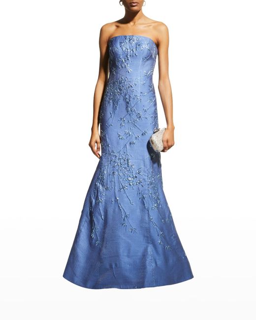 Rene Ruiz Collection Blue Strapless Floral Jacquard Bustier Gown