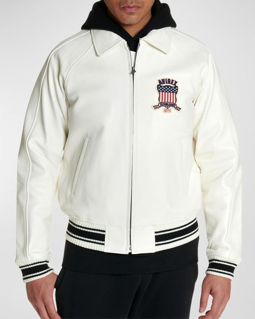 Avirex White Icon Logo Leather Bomber Jacket for men