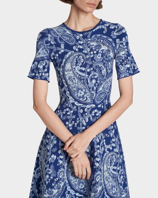 Etro Blue Paisley Knit Short-Sleeve Dress