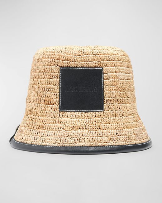 Jacquemus Natural Le Bob Soli Raffia & Black Leather Bucket Hat
