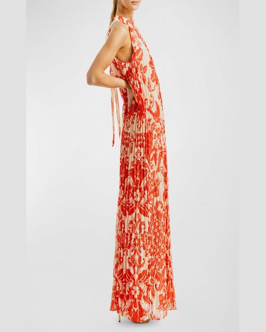 mestiza Orange Almeria Pleated Floral-Print Halter Gown