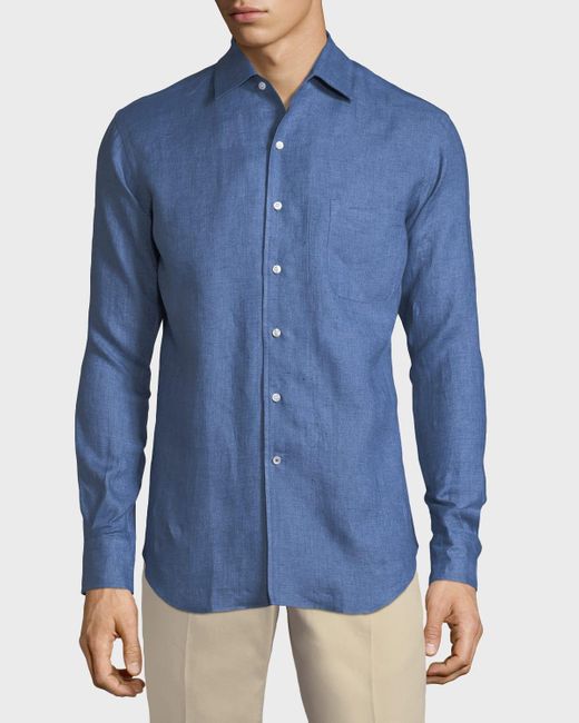 Loro Piana Blue Andre Long-Sleeve Linen Shirt for men