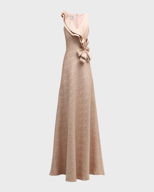 Teri Jon Natural Sleeveless Ruffle Metallic Jacquard Gown