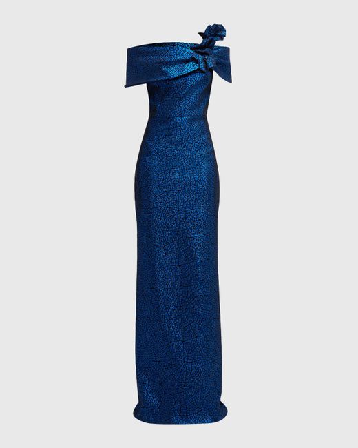 Teri Jon Blue One-Shoulder Metallic Jacquard Column Gown