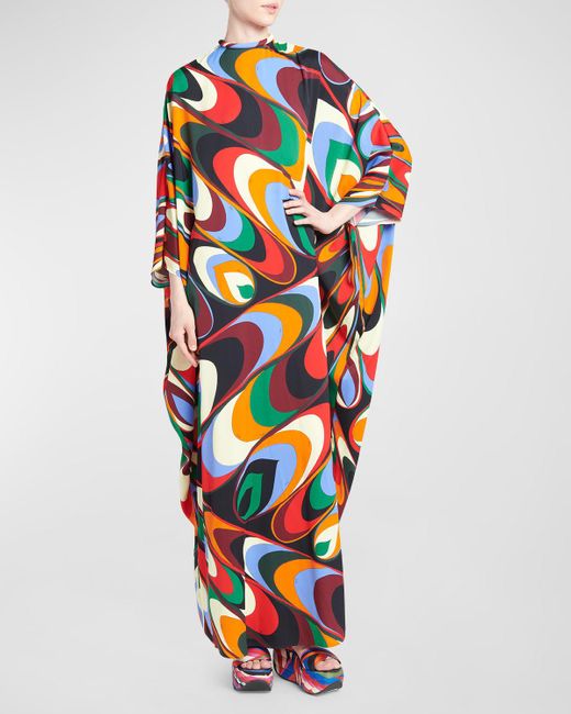 Emilio Pucci White Wavy-Print Chain Open-Back Kaftan Maxi Dress