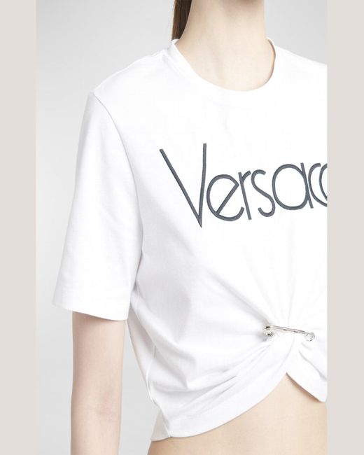 Versace White Safety-Pin Logo Embroidered Crop T-Shirt