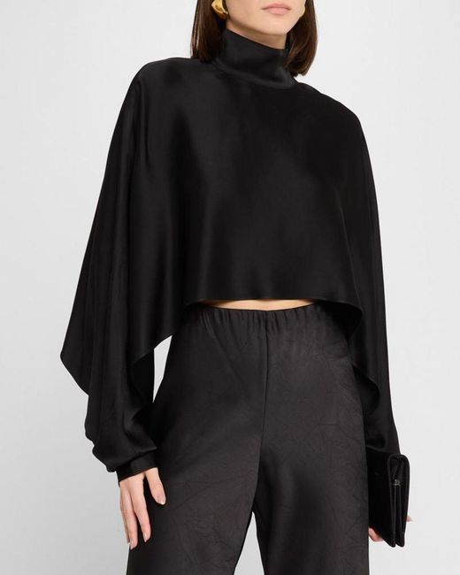 LAPOINTE Black Satin Crop Caftan Top