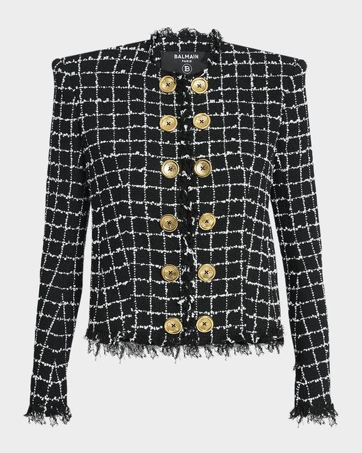 Balmain Black Buttoned Check Tweed Jacket