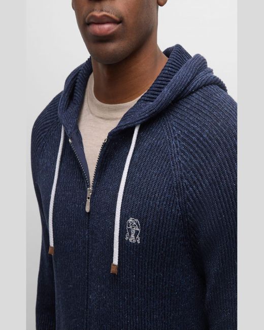 Brunello Cucinelli Blue Ribbed Cotton-Linen Hooded Full-Zip Sweater for men