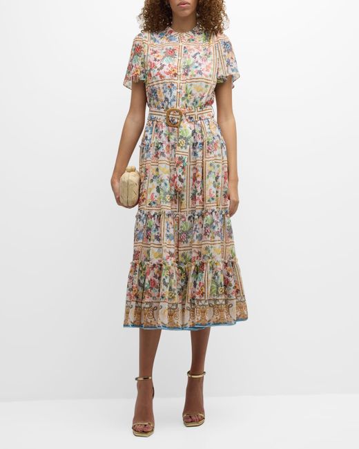 Tahari Natural The Aimee Tiered Floral-Print Midi Dress