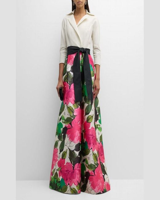 Teri Jon White Belted Floral-Print A-Line Gown