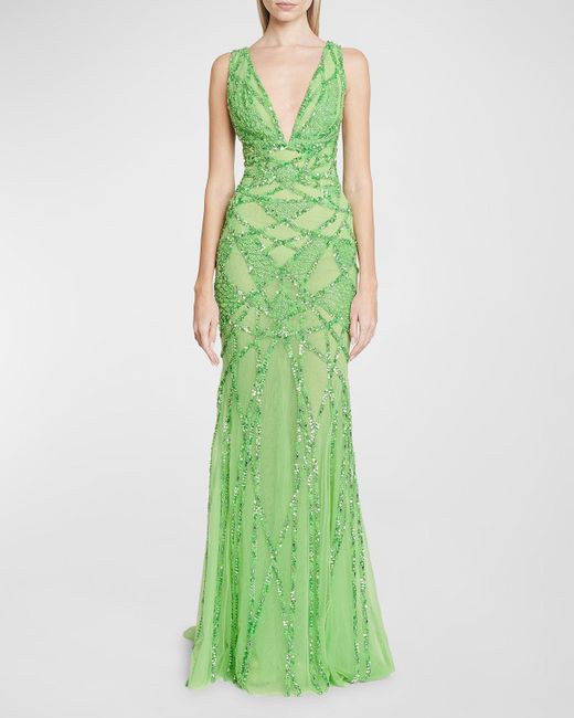 Zuhair Murad Green Abstract Rose Beaded Plunging Mermaid Gown