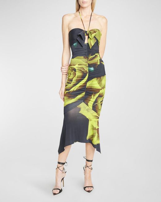 Alexandre Vauthier Multicolor Floral-Print Bow Cutout Ruched Halter Midi Dress