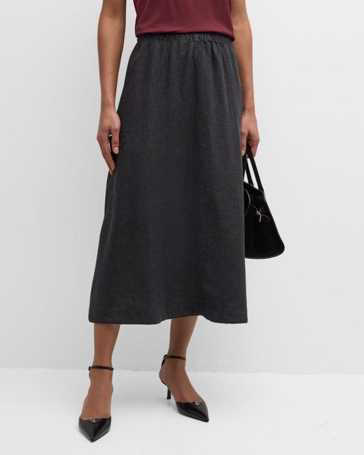 Eileen Fisher Black A-Line Organic Linen Midi Skirt