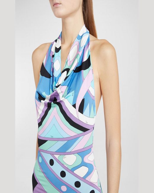 Emilio Pucci Blue Abstract-Print Backless Halter Maxi Dress