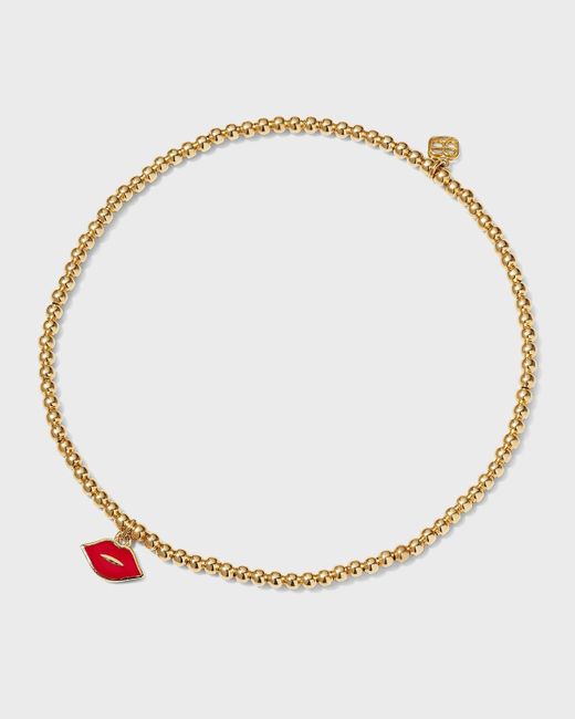 Sydney Evan Natural 2mm Gold Bead Bracelet With Enamel Lips Charm