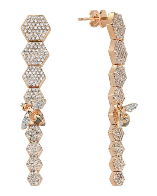 BeeGoddess White 14k Rose Gold Long Bee & Honeycomb Drop Earrings