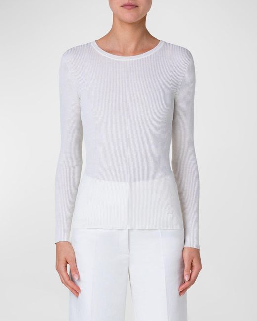Akris White Silk Cotton Seamless Rib Fitted Sweater