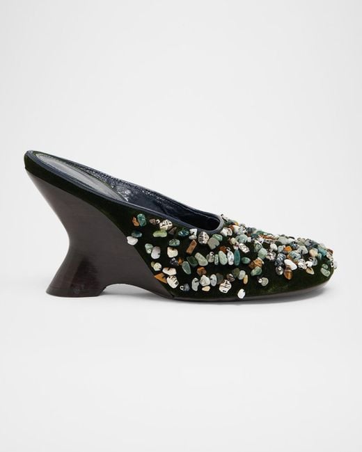 Dries Van Noten Black Gemstone Embellished Velvet Wedge Mules