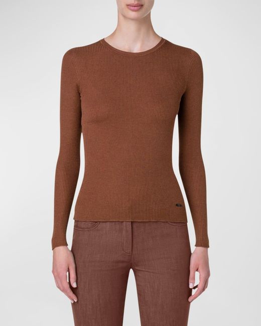 Akris Brown Silk Cotton Seamless Rib Fitted Sweater