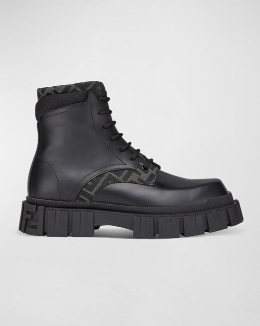 Fendi Black Force Ff Leather Lug-Sole Combat Boots for men