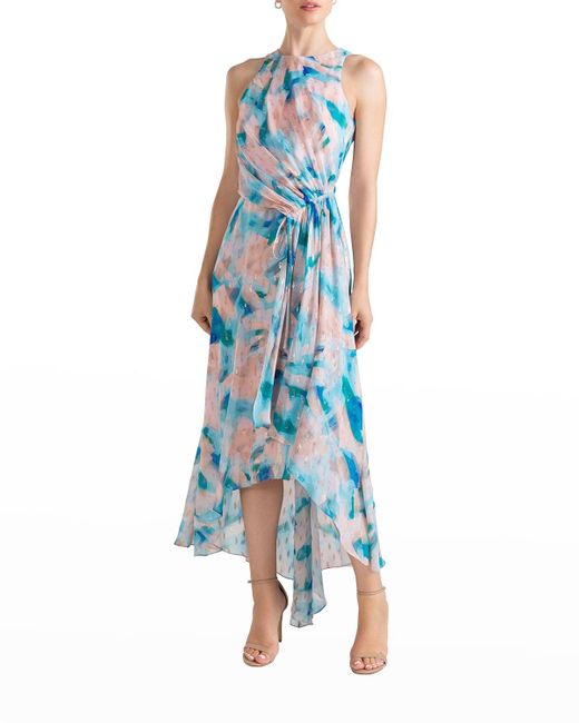 Shoshanna Blue Macie Brushstroke-print High-low Gown