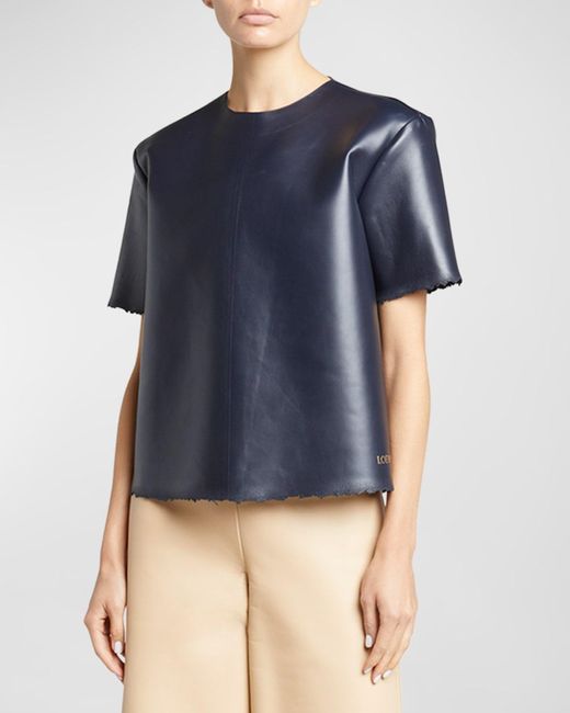 Loewe Blue Distressed Leather Short-Sleeve Boxy T-Shirt