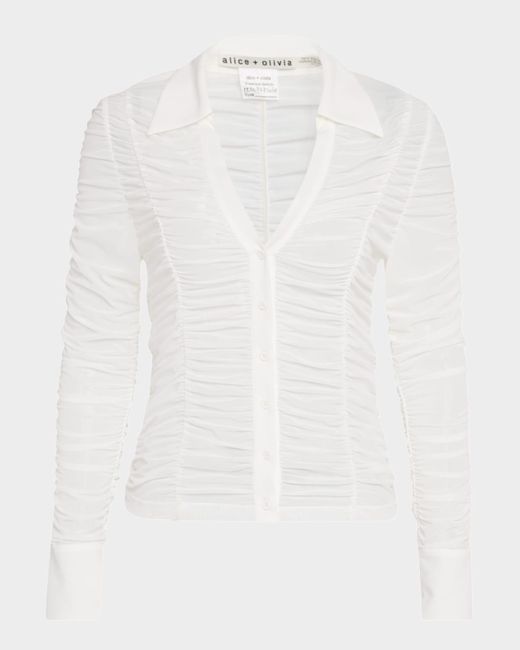 Alice + Olivia White Portia Fitted Mesh Button-Front Shirt