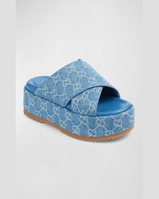 Gucci Angelina Gg Denim Crisscross Platform Sandals in Blue 