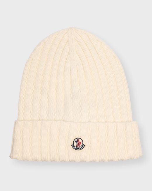 Moncler Natural Ribbed Wool Beanie With Logo Patch