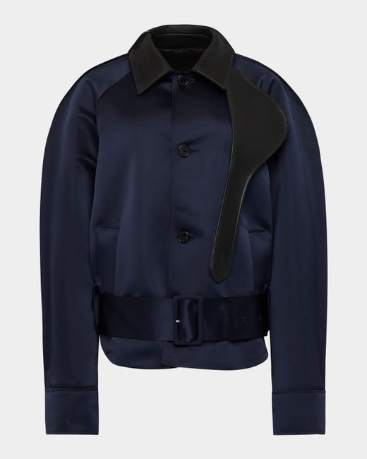 J.W. Anderson Blue Belted Satin Rounded Blouson Jacket With Leather-Trim