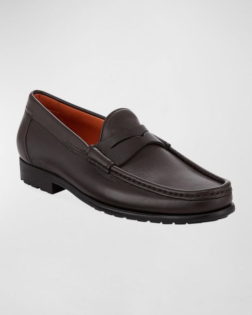 Santoni Brown Ascott Leather Penny Loafers for men