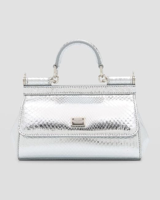Dolce & Gabbana White Sicily Metallic Python-Embossed Top-Handle Bag