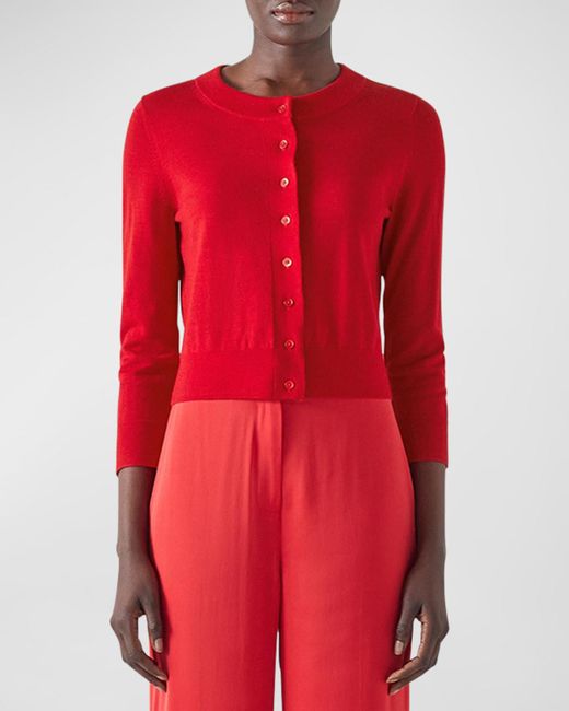 L.K.Bennett Red Connie Cropped 3/4-Sleeve Wool Cardigan
