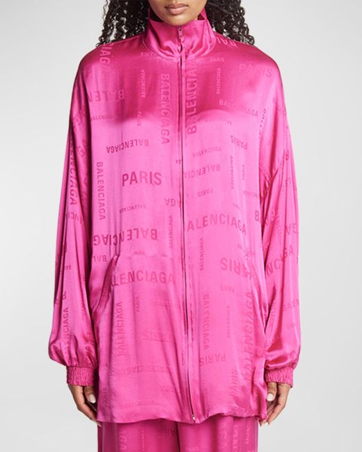 Balenciaga Pink Logo Paris Silk Jacquard Oversized Tracksuit Jacket