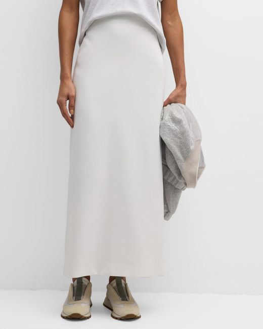 Brunello Cucinelli White Cotton Crepe Double Twill Maxi Column Skirt